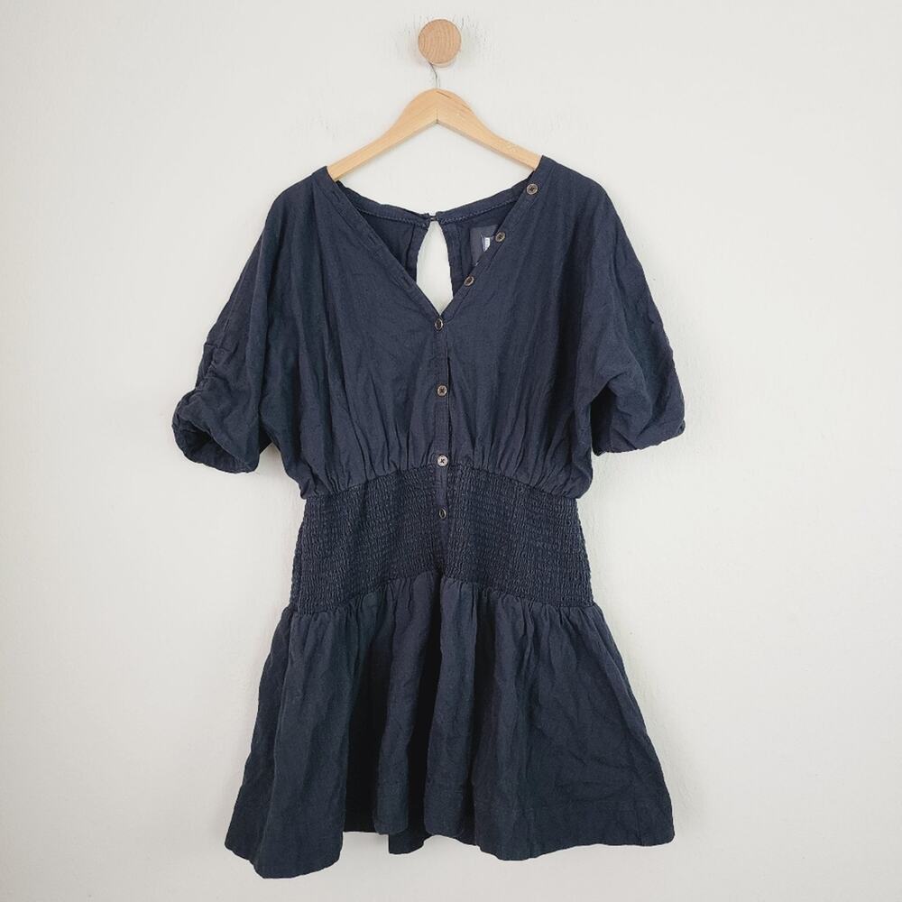 Maeve Anthropologie Black Puff Sleeve Smocked Open Back Cotton Mini Dress L